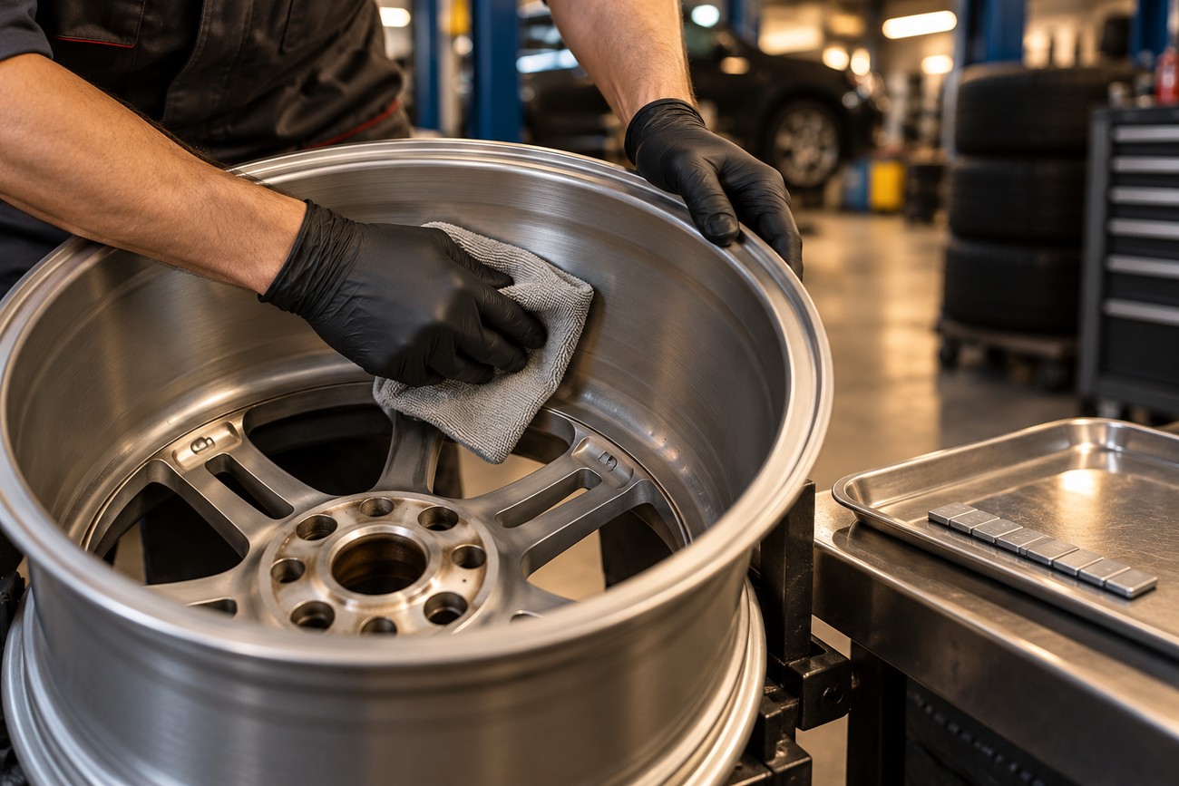 Mechanic wearing black gloves cleaning an alloy wheel rim with a cloth in a garage