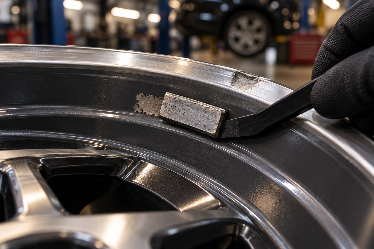 Mechanic in gloves using a removal tool to take off a stick-on wheel weight from a car rim