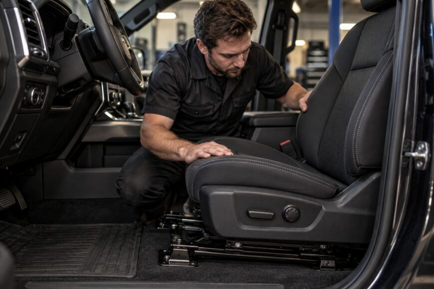 A male mechanic inspecting and repairing the power seat adjuster mechanism inside a modern vehicle cabin