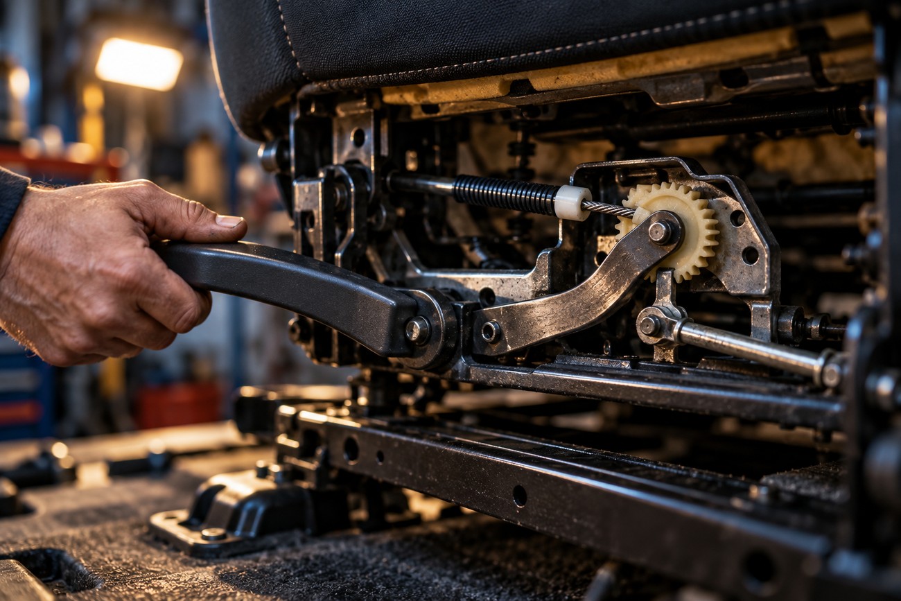 A mechanic holding and testing the handle of a car seat adjuster mechanism in a workshop