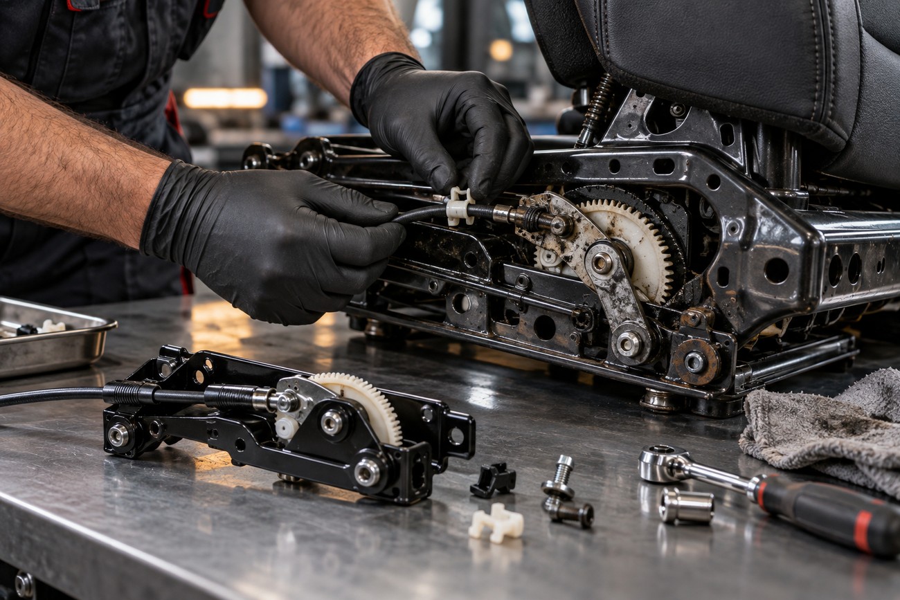 Mechanic wearing black gloves repairing a car seat adjuster mechanism with gears and cables on a workbench