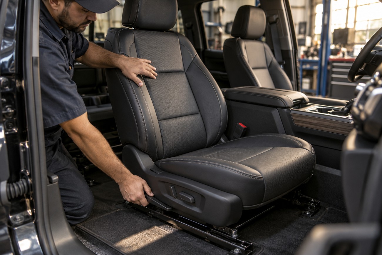 Mechanic kneeling inside a vehicle and inspecting the power seat adjuster mechanism on a leather car seat