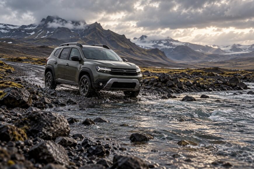 A khaki Dacia Duster SUV driving through a rocky river stream on an Icelandic F-road surrounded by majestic mountains under a cloudy sky