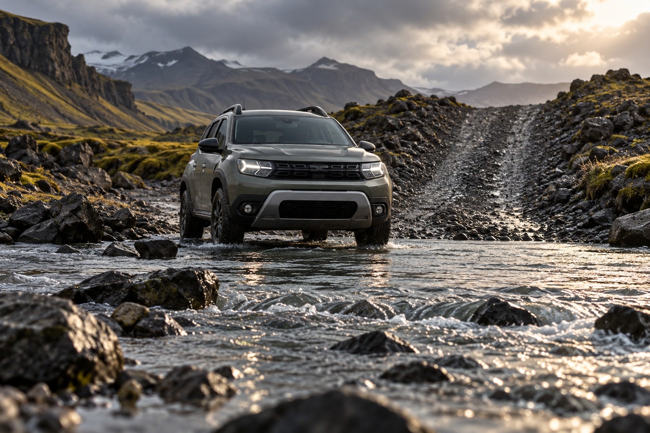 A khaki Dacia Duster SUV driving through a shallow rocky river crossing on an Icelandic F-road with mountains in the background