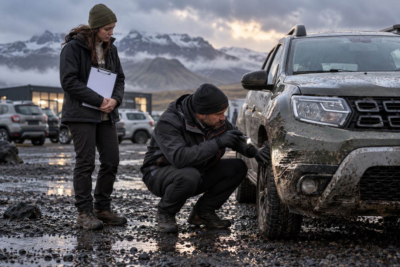 A man crouching to inspect the wheel of a muddy Dacia Duster while a woman holds a clipboard nearby in Iceland