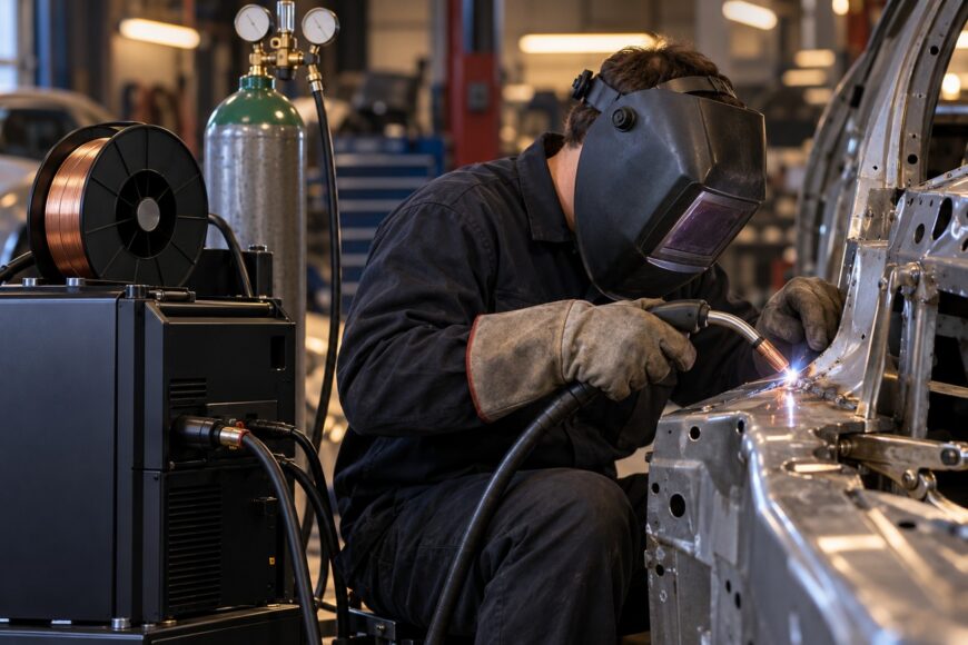 A professional welder in a protective mask performs MIG welding on a thin auto body sheet metal part inside an auto repair shop