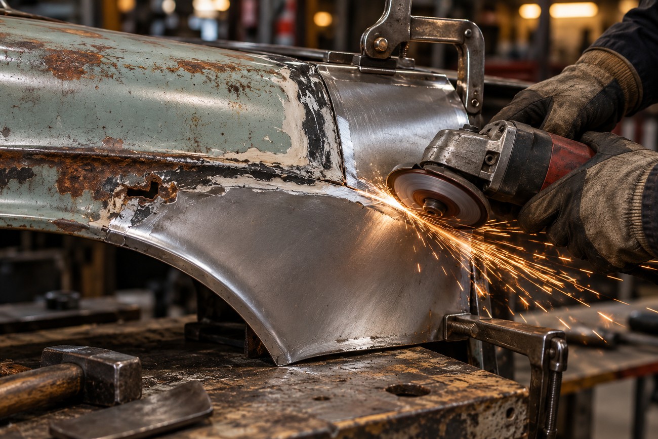 A mechanic wearing protective gloves uses an angle grinder to smooth a welded seam on thin auto body sheet metal