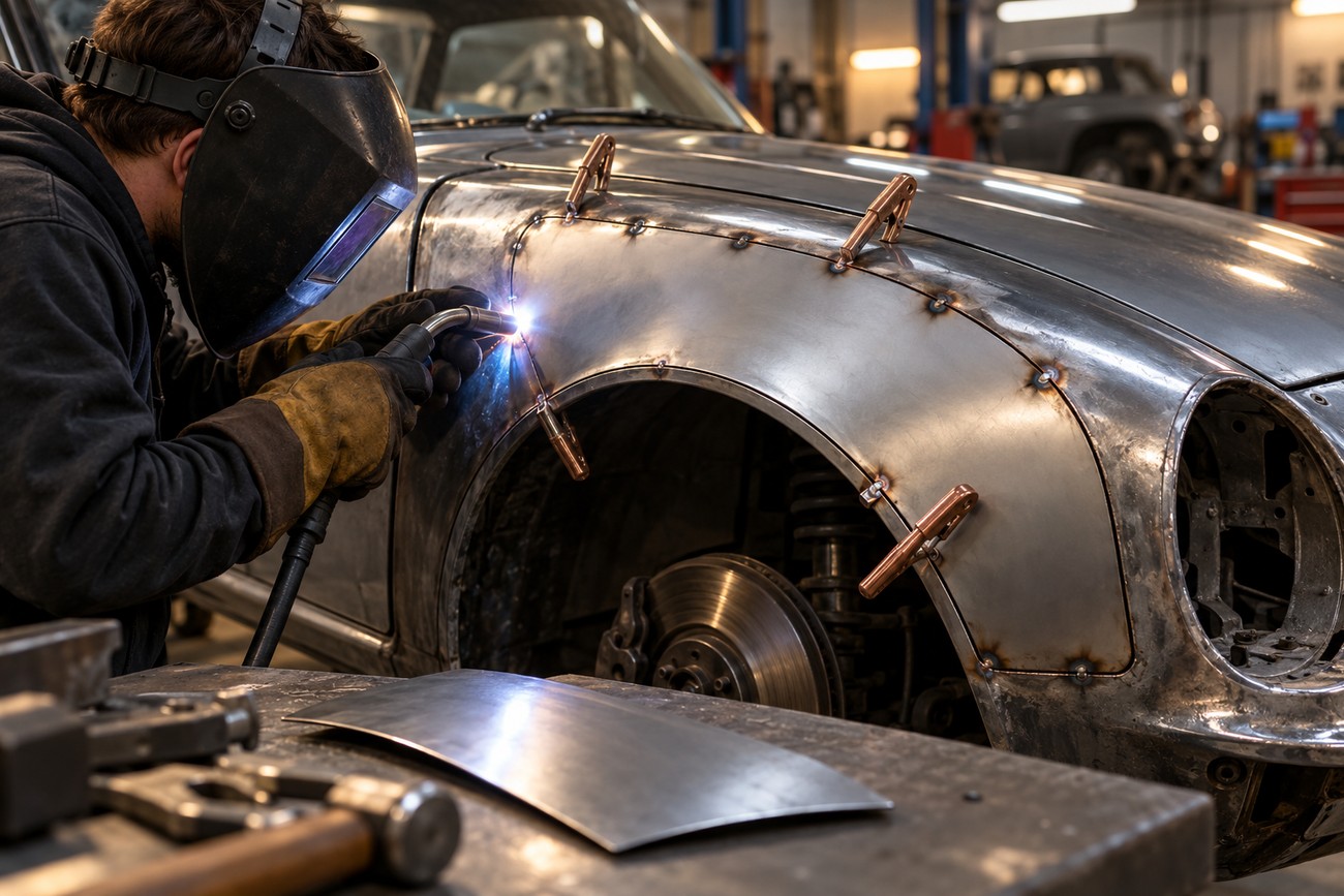 A welder wearing a protective mask uses a MIG torch to weld thin sheet metal on a car fender secured with clamps