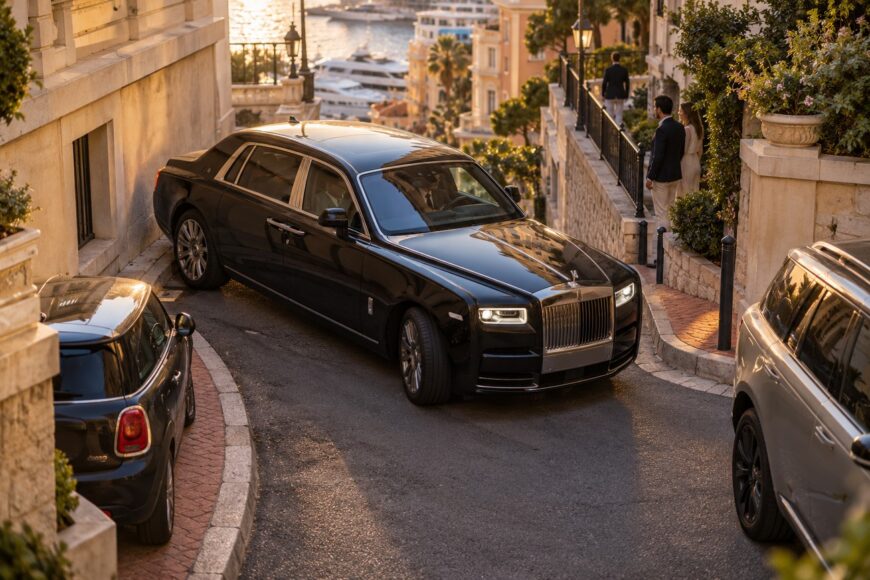 A luxury black Rolls-Royce Phantom squeezed into a tight parking spot on a narrow street in Monaco
