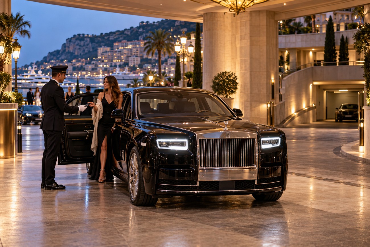 Valet in uniform receiving keys from an elegant woman next to a black Rolls-Royce Phantom at a luxury hotel entrance in Monaco