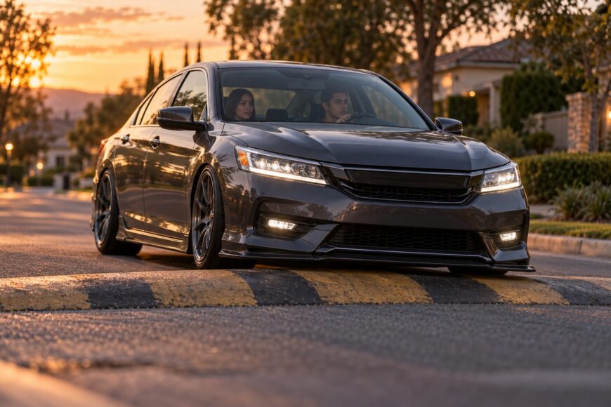 A dark gray modified Honda Accord with low ground clearance driving slowly over a yellow and black speed bump on a suburban street at sunset