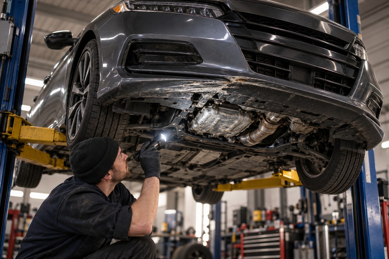 A mechanic in a black beanie and gloves inspects the damaged underbody of a gray Honda Accord lifted on a hydraulic hoist in a workshop