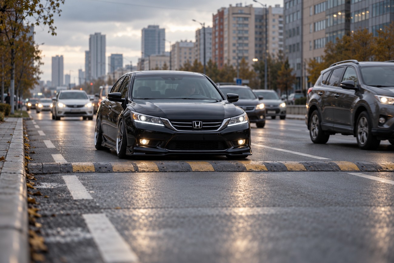 A black lowered Honda Accord driving slowly toward a yellow and black speed bump on a wet city street