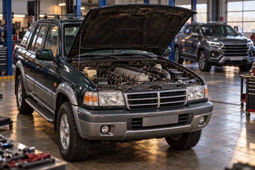 Dark green SsangYong Musso SUV with an open hood parked inside a professional repair shop