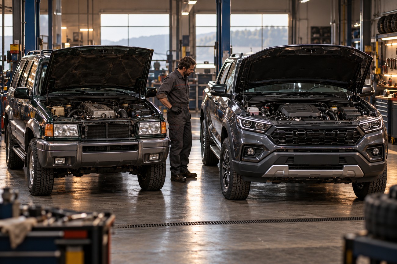 A mechanic in overalls stands between two SsangYong Musso SUVs with raised hoods inside a bright auto repair workshop