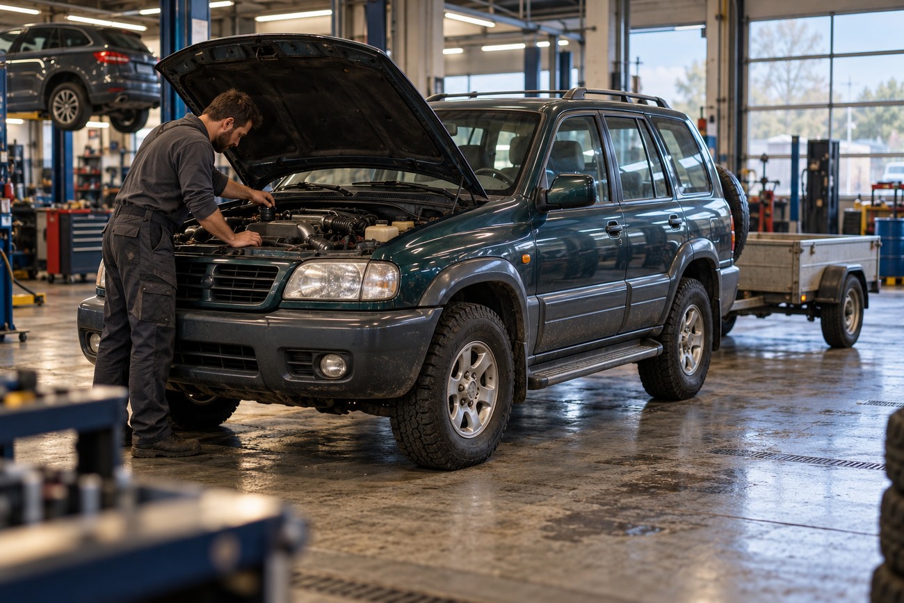 A mechanic inspecting the engine bay of a green SsangYong Musso SUV inside a brightly lit auto repair workshop