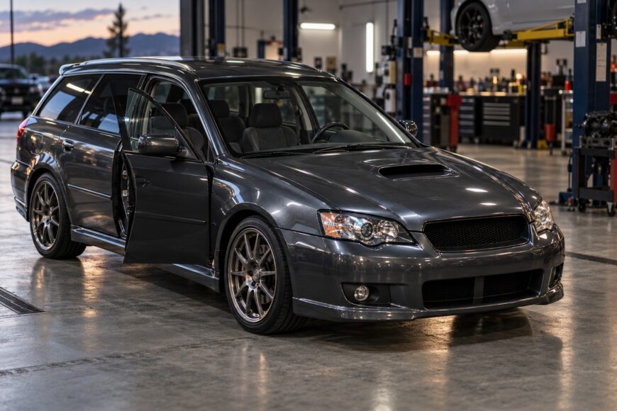 Dark grey Subaru Legacy Spec B turbo wagon parked inside a bright automotive repair shop with the front door open