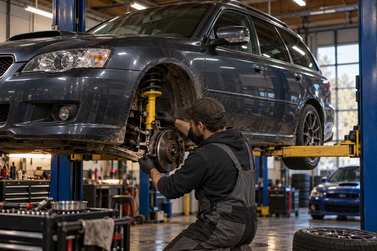 A mechanic in overalls inspects and repairs the front suspension of a dark grey Subaru Legacy Spec B wagon lifted in a garage