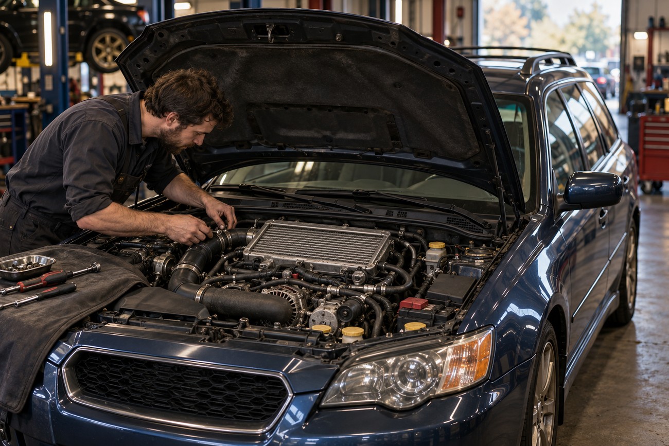 A mechanic inspecting and repairing the turbo engine bay of a blue Subaru Legacy Spec B wagon inside a service garage