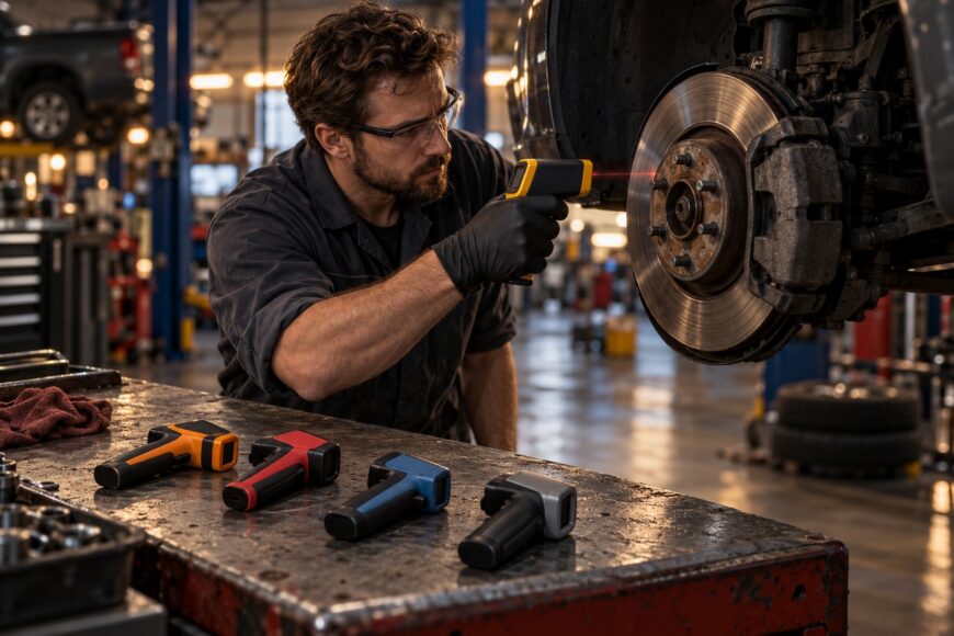 Mechanic in safety glasses measuring car brake rotor temperature with an infrared thermometer in an auto repair shop
