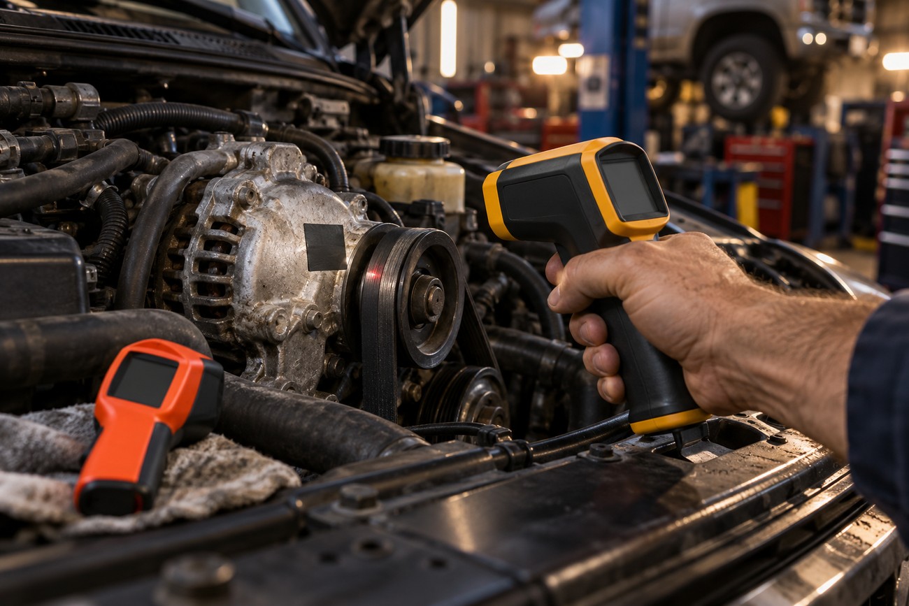 A mechanic holding an infrared thermometer pointing at a car engine in a repair shop