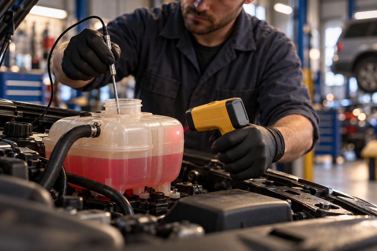 A mechanic in black gloves pointing an infrared thermometer with a laser sight at a car coolant tank in a workshop