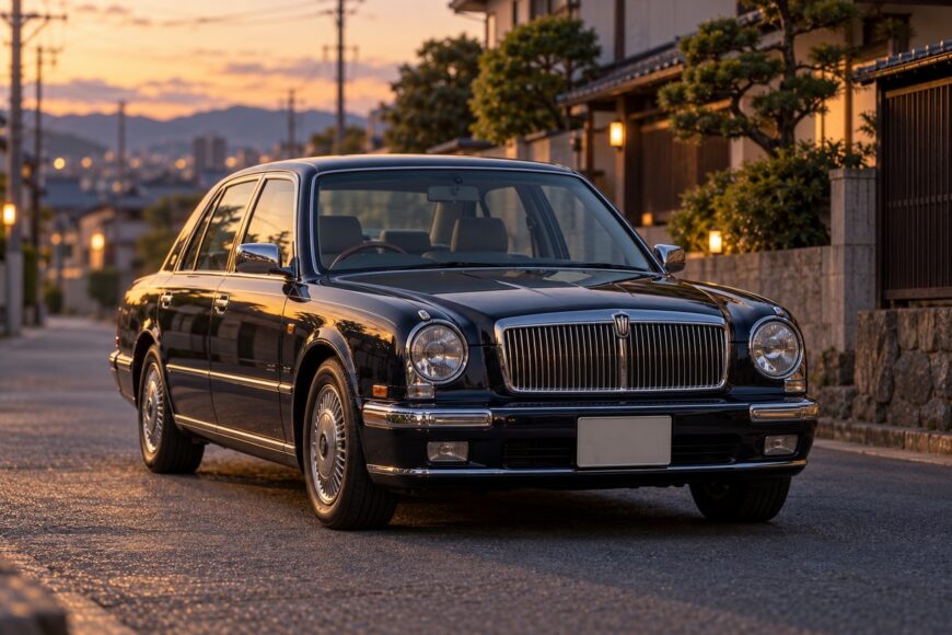 A black Toyota Origin retro sedan parked on a narrow residential street during a warm sunset