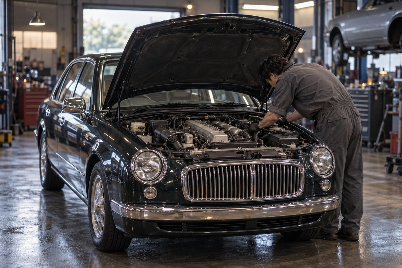 A mechanic in coveralls inspecting the engine bay of a dark green Toyota Origin sedan inside a workshop