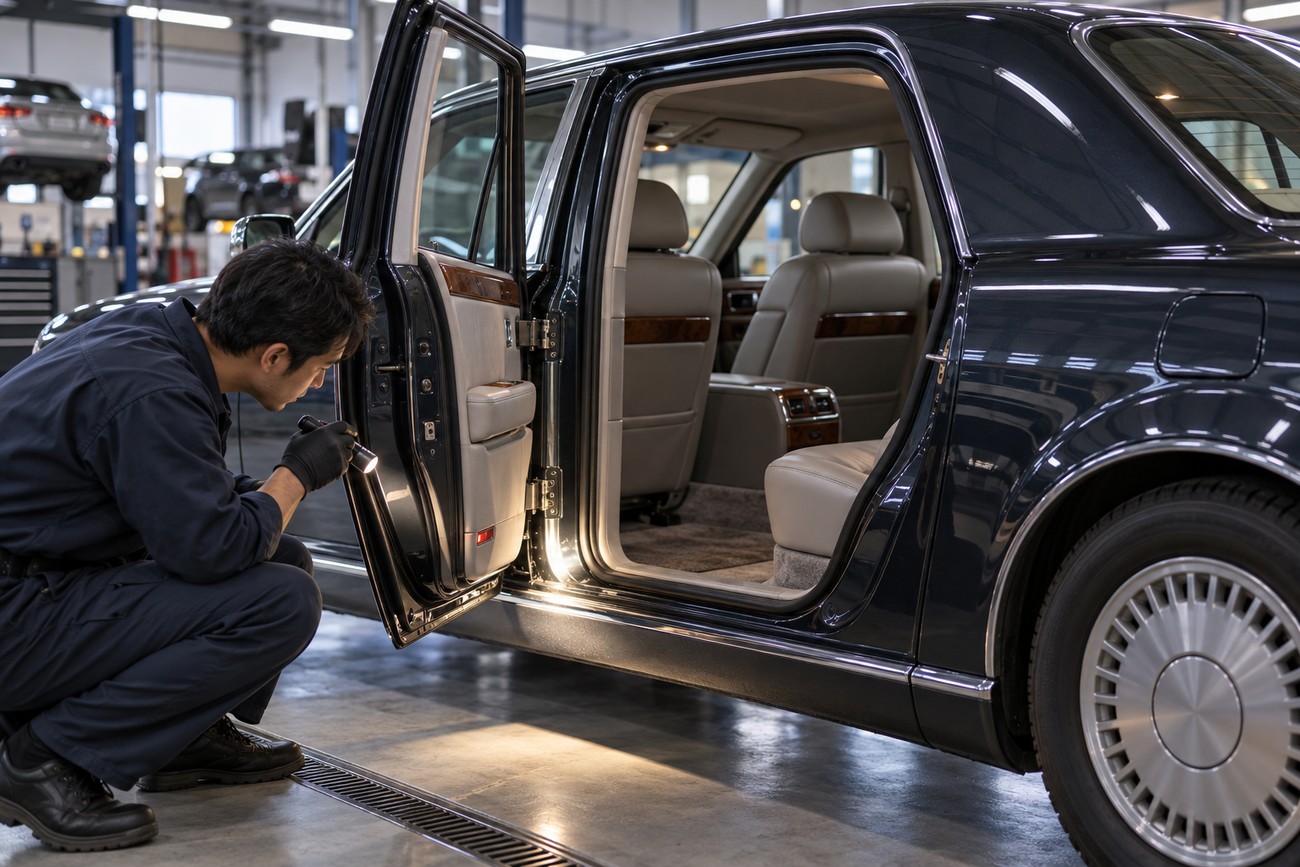 A mechanic with a flashlight carefully inspecting the dark body and suicide doors of a Toyota Origin sedan in a service garage