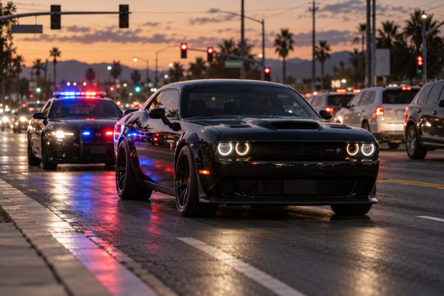 A black Dodge Challenger Hellcat driving on a city street while a police cruiser with flashing lights pursues it at sunset