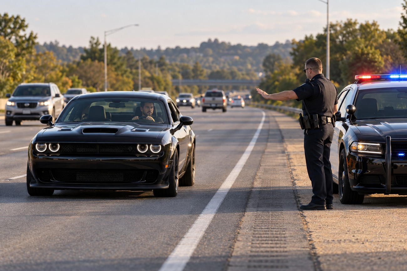 A police officer in uniform signals a black Dodge Challenger Hellcat to stop on the side of a highway