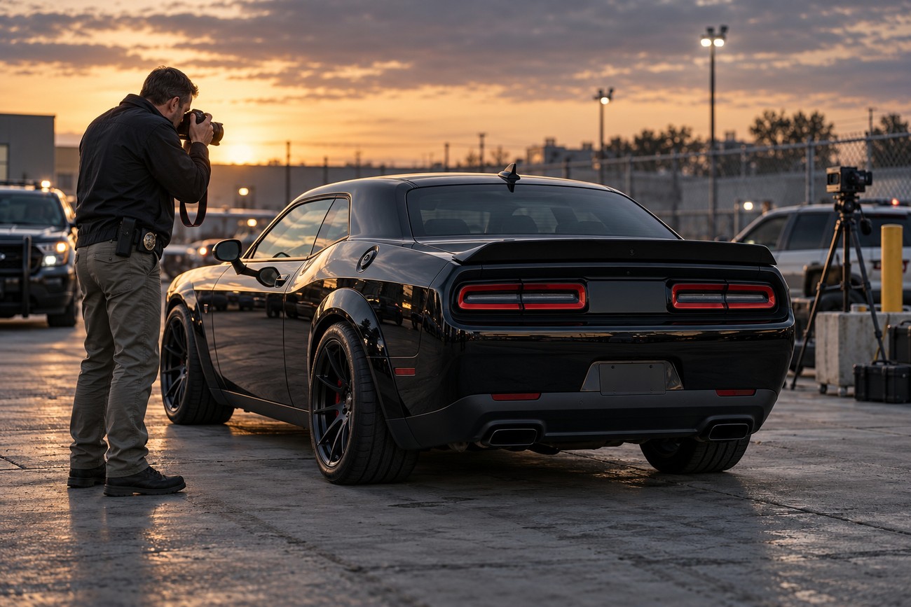 A police officer taking photographs of a black Dodge Challenger Hellcat muscle car parked outside during sunset