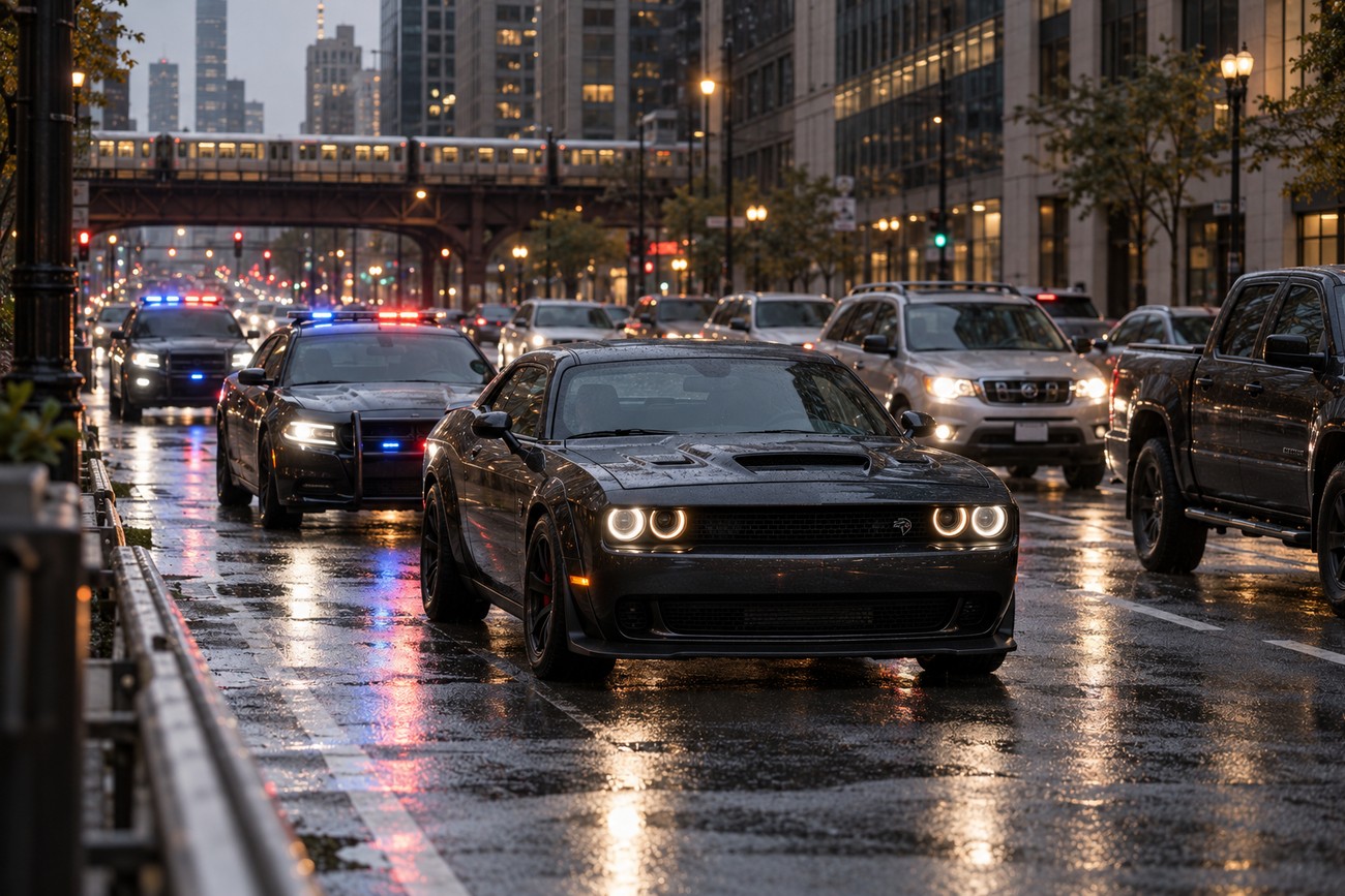 A dark Dodge Challenger Hellcat driving on a wet city street while being pursued by police cars with flashing lights