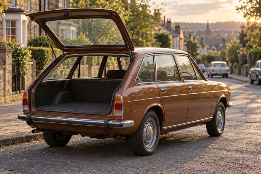 Brown vintage Austin Maxi hatchback parked on a residential street with its rear tailgate wide open