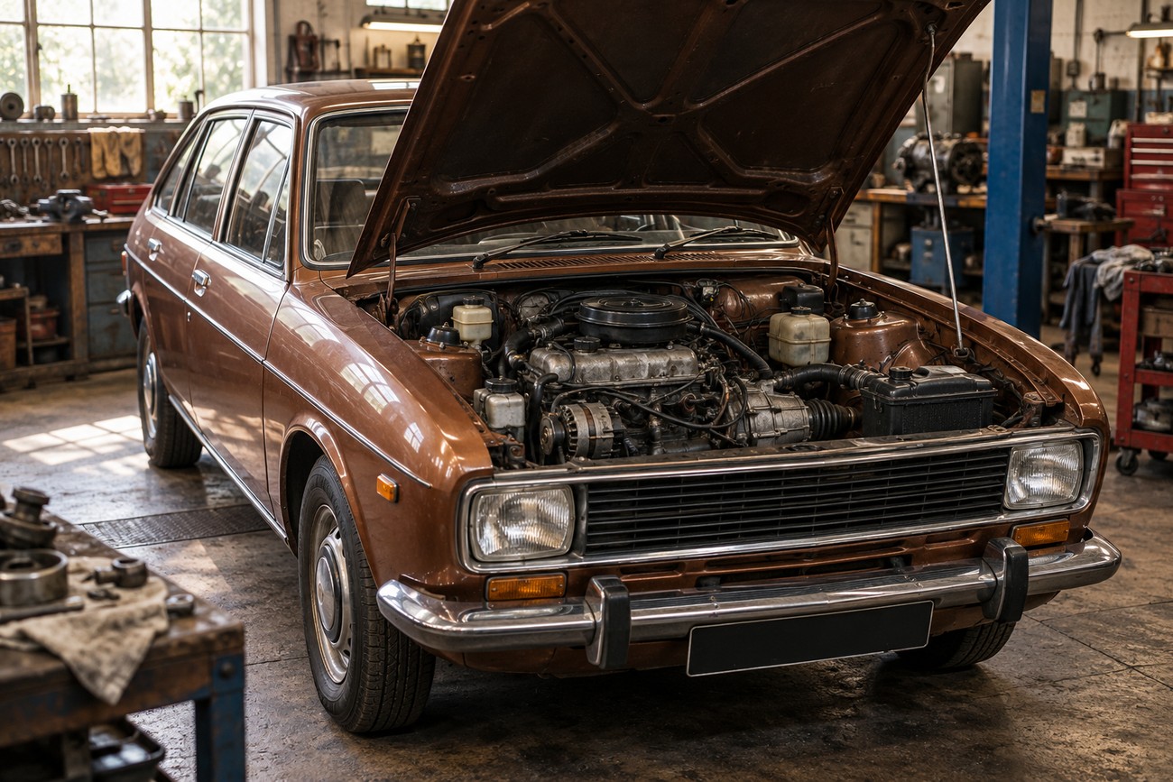 Brown classic Austin Maxi hatchback with open hood showing the engine inside a vintage repair garage