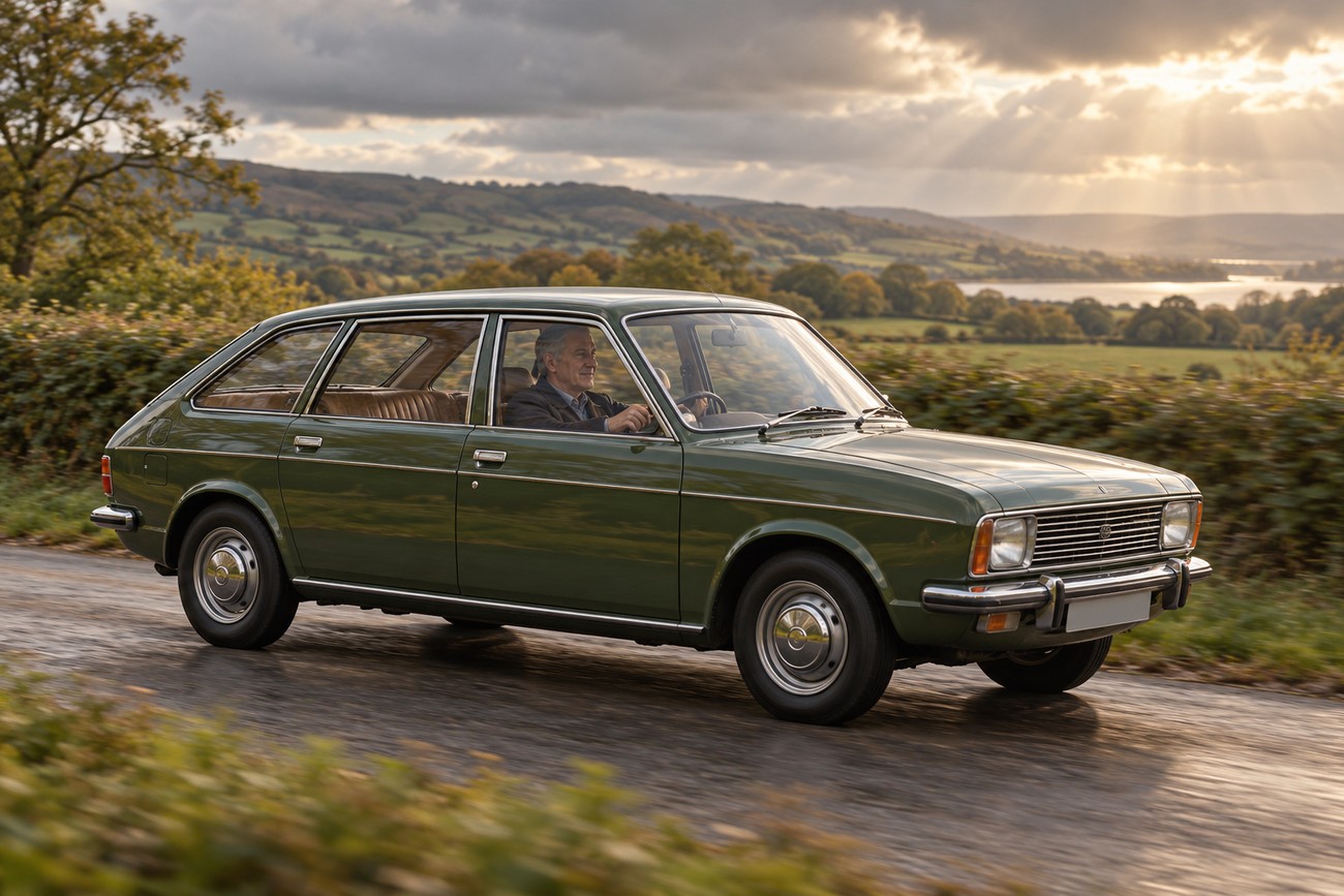 A vintage green Austin Maxi five-door hatchback driving along a countryside road with rolling hills in the background