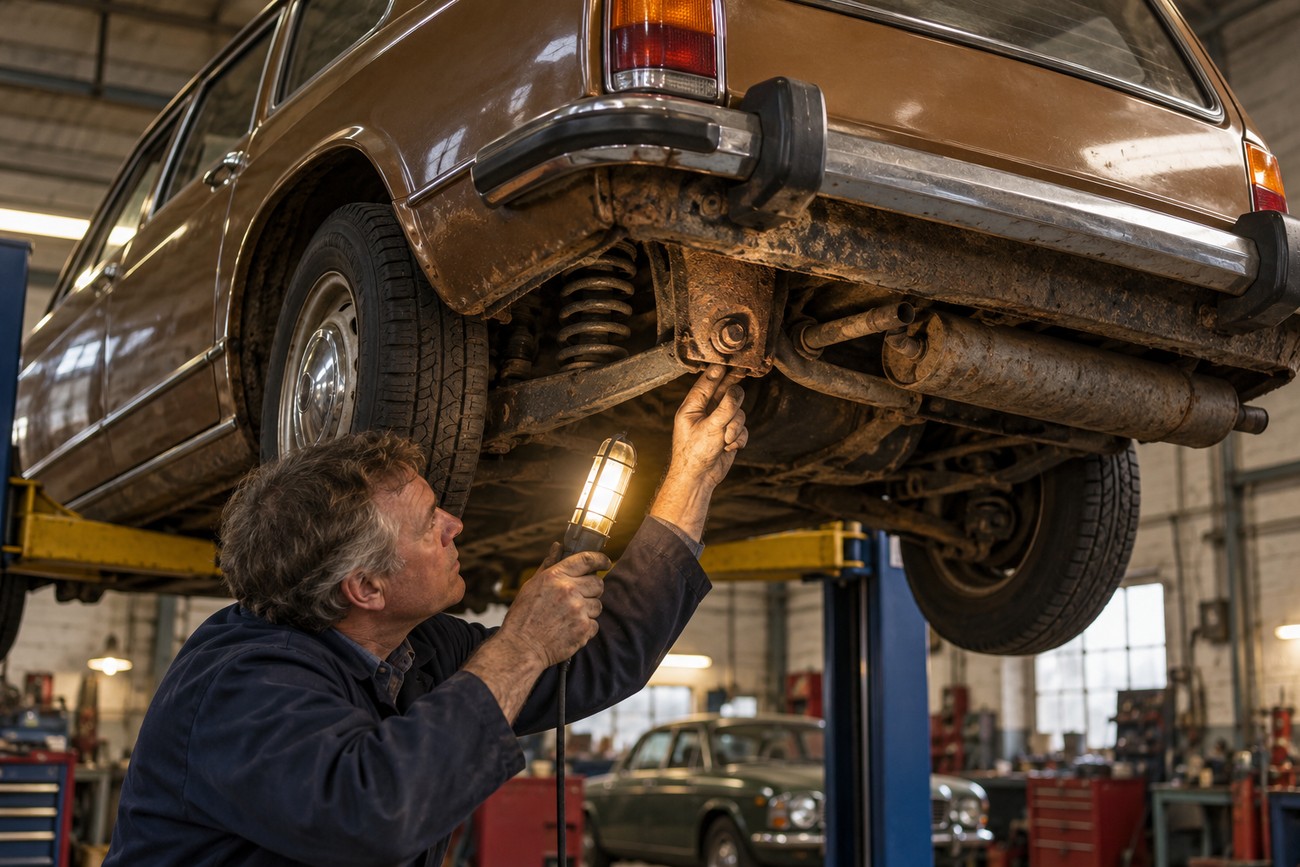 A mechanic inspecting the rusty undercarriage of a brown Austin Maxi with a work light in a garage
