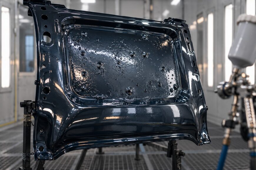 A freshly painted dark metal car part showing severe solvent pop defects and bubbling in a paint booth next to a spray gun