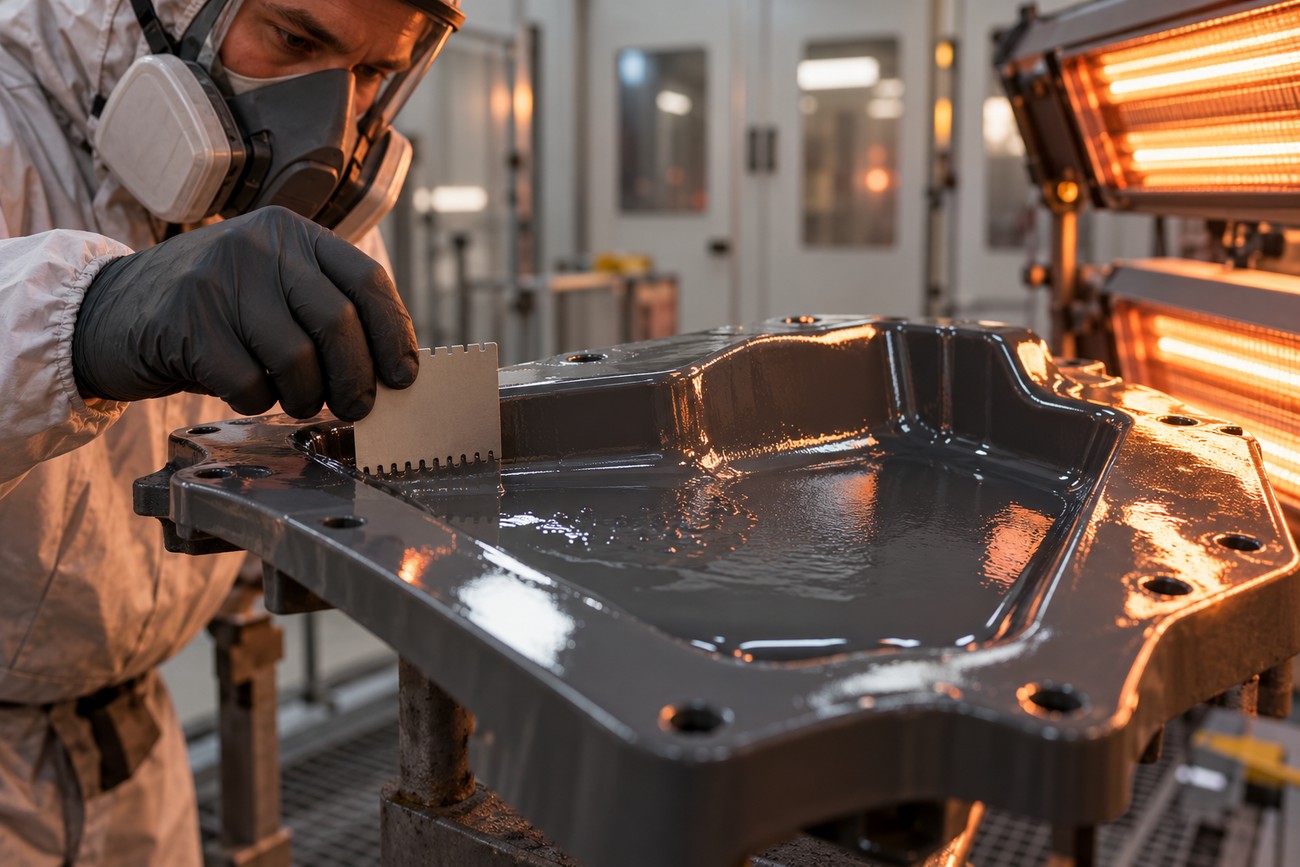 Technician in protective gear measuring wet paint thickness on a molded component using a comb gauge