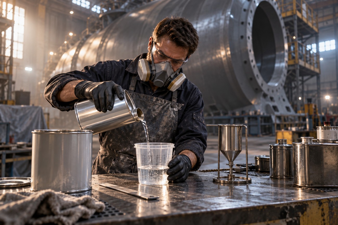 A technician in a respirator and black gloves pours solvent from a metal can into a plastic measuring cup on a workbench inside an industrial facility