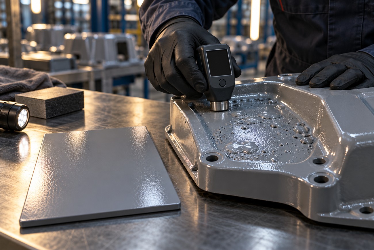 A technician wearing black gloves uses a measurement device to inspect paint defects and blisters on a thick coated metal component in a factory