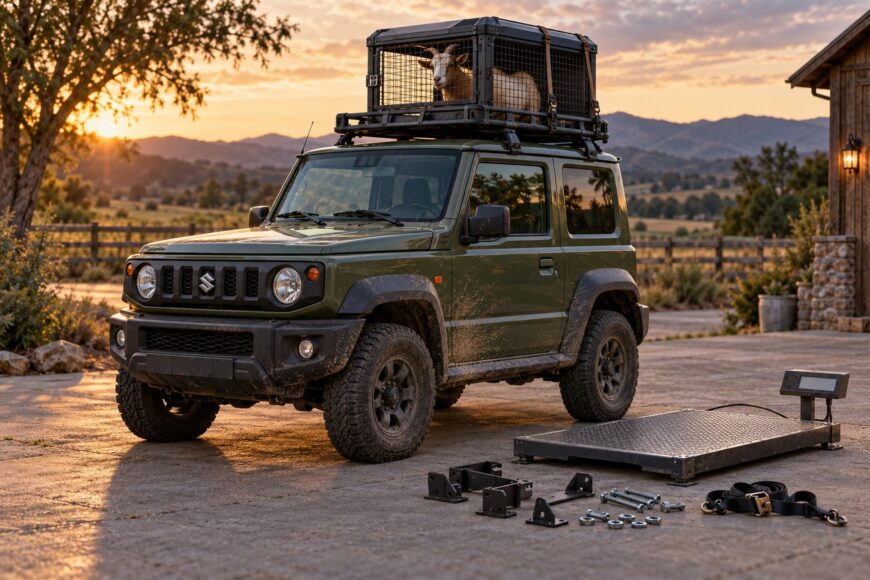 An olive-green Suzuki Jimny parked on a concrete driveway at sunset with a goat inside a black metal cage secured to its roof rack, and a weighing scale with hardware kits lying on the ground in the foreground