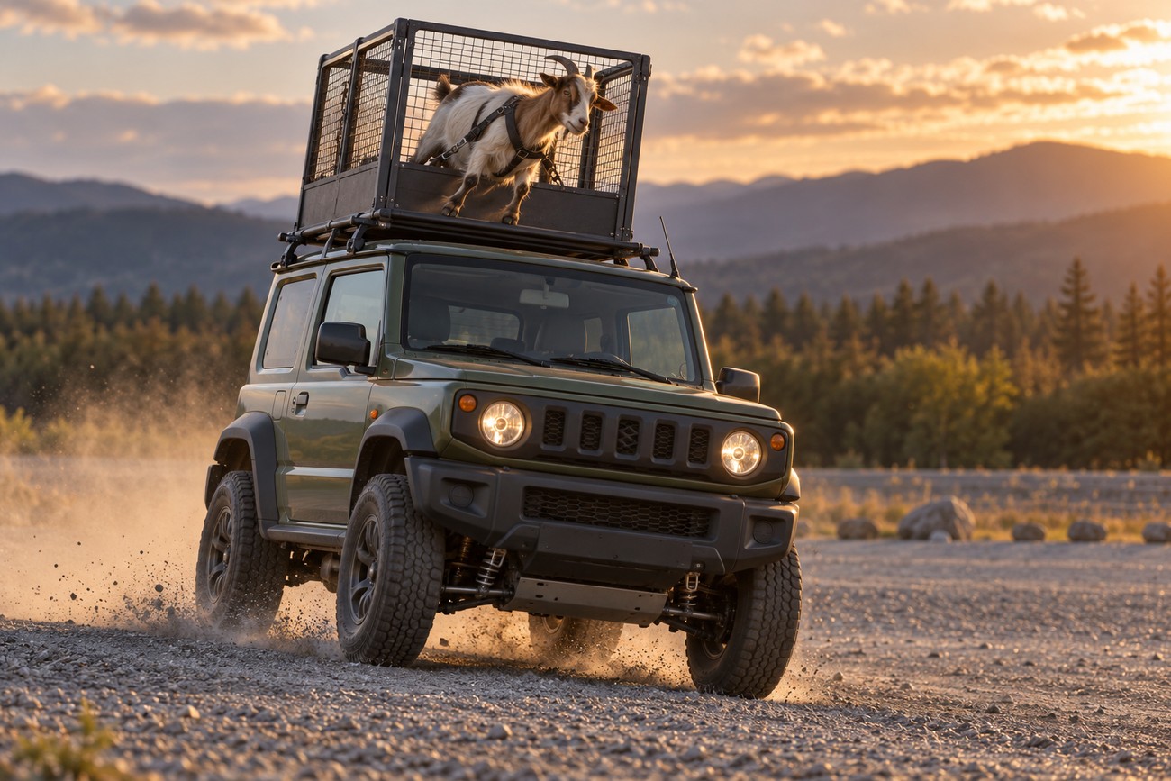 A goat stands inside a metal enclosure mounted on the roof rack of a green Suzuki Jimny driving along a gravel road at sunset