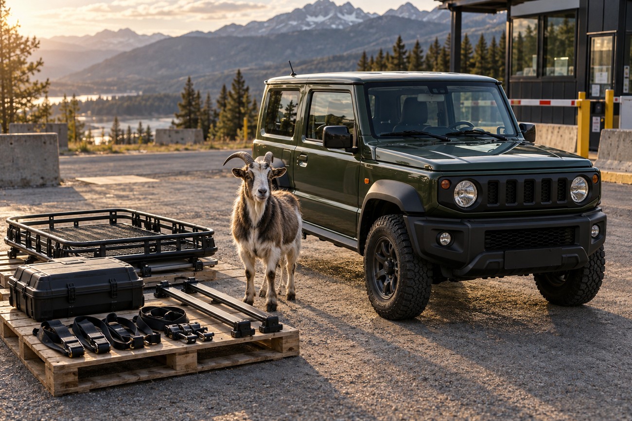 A horned goat standing on the ground near a green Suzuki Jimny and a wooden pallet with roof rack gear and a black storage case