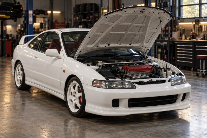 A white Honda Integra Type R DC2 with its hood open revealing the engine inside a professional garage