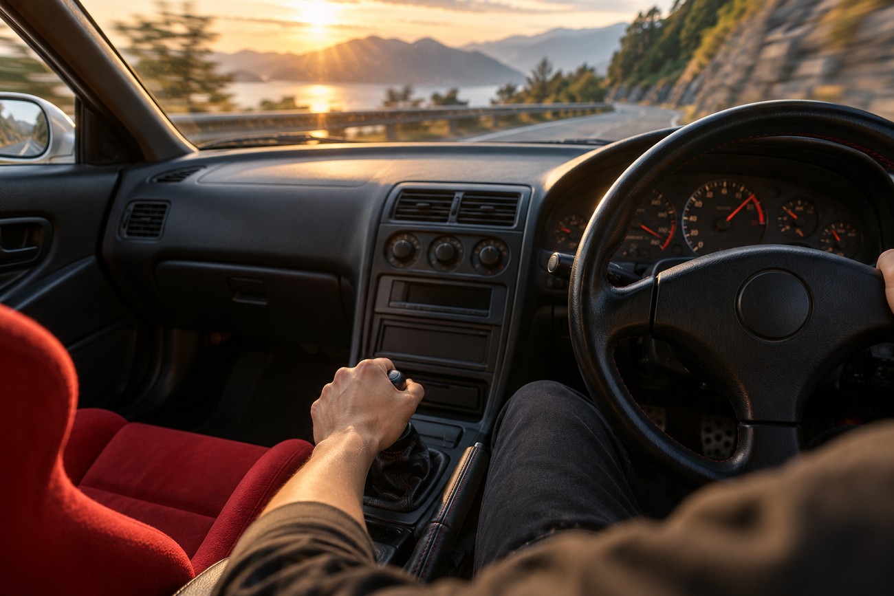 Driver POV inside the cockpit of a Honda Integra Type R DC2 shifting gears while driving along a scenic mountain road at sunset