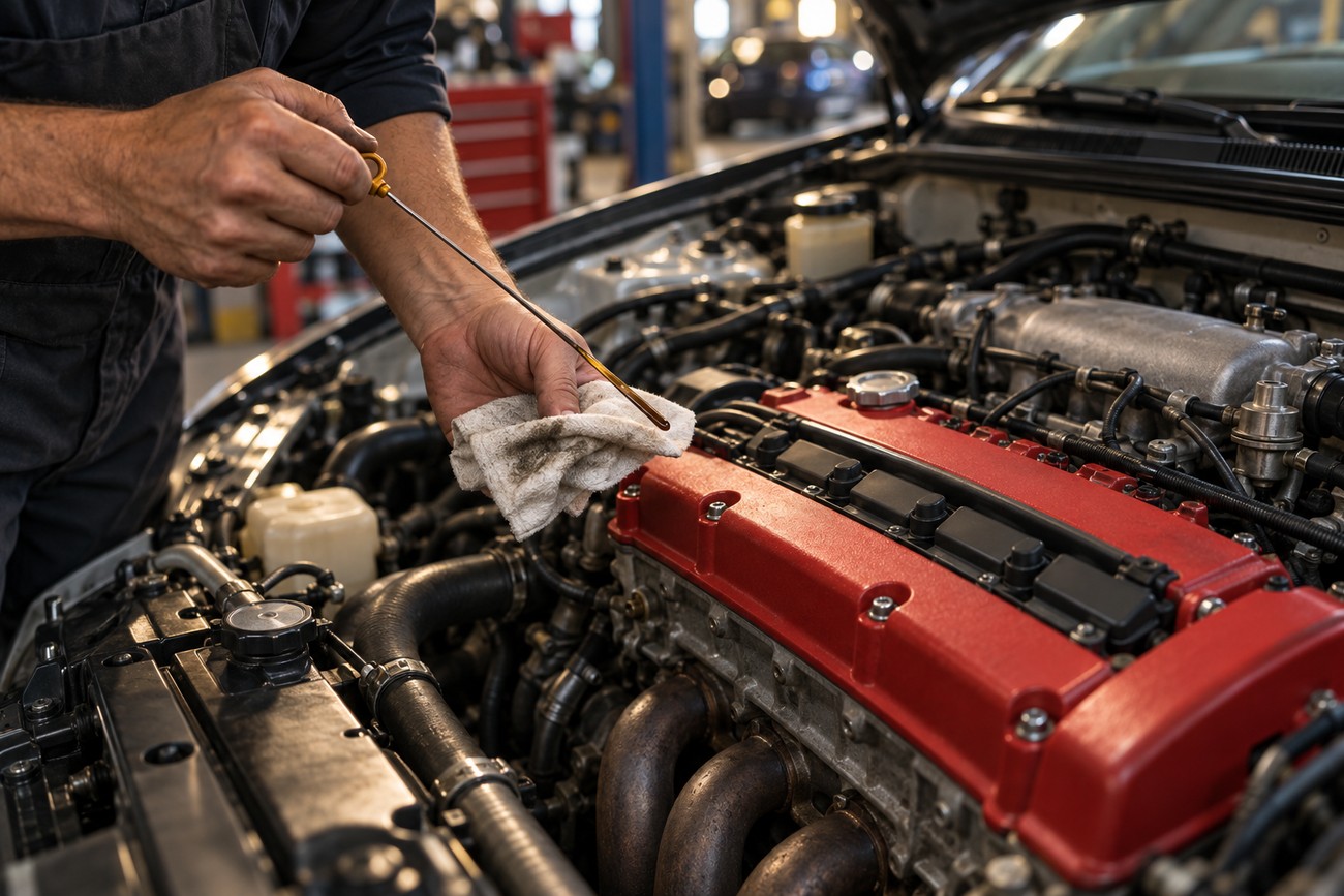 Mechanic cleaning an oil dipstick with a rag over the red valve cover of a Honda Integra Type R DC2 engine