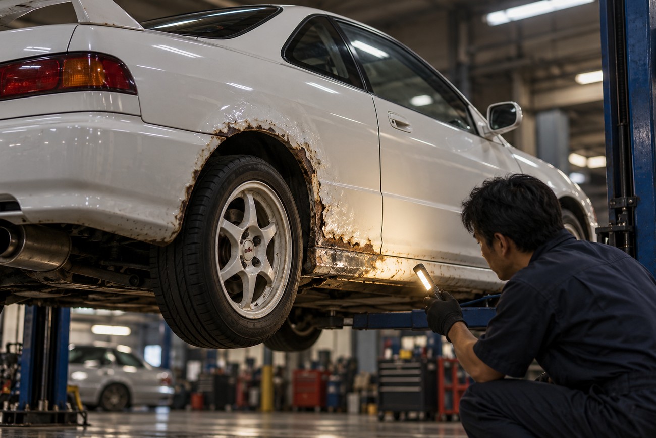 A mechanic uses a flashlight to inspect rust damage on the rear wheel arch of a white Honda Integra Type R DC2 in a garage