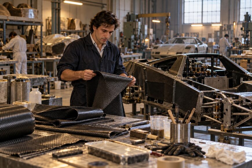 Horacio Pagani inspecting a sheet of carbon fiber inside a workshop with supercar chassis under construction