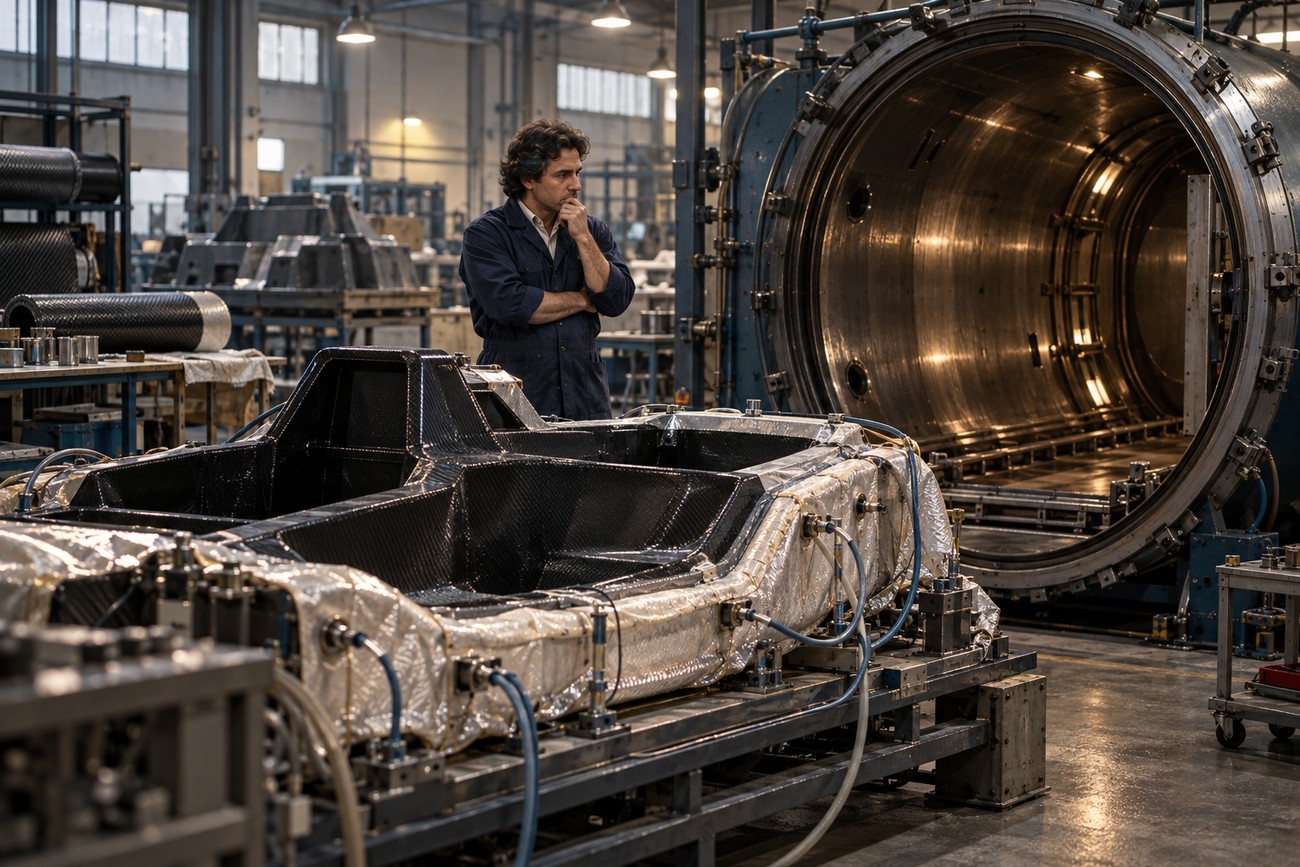 Horacio Pagani in a workshop looking at a carbon fiber monocoque chassis next to a large industrial autoclave